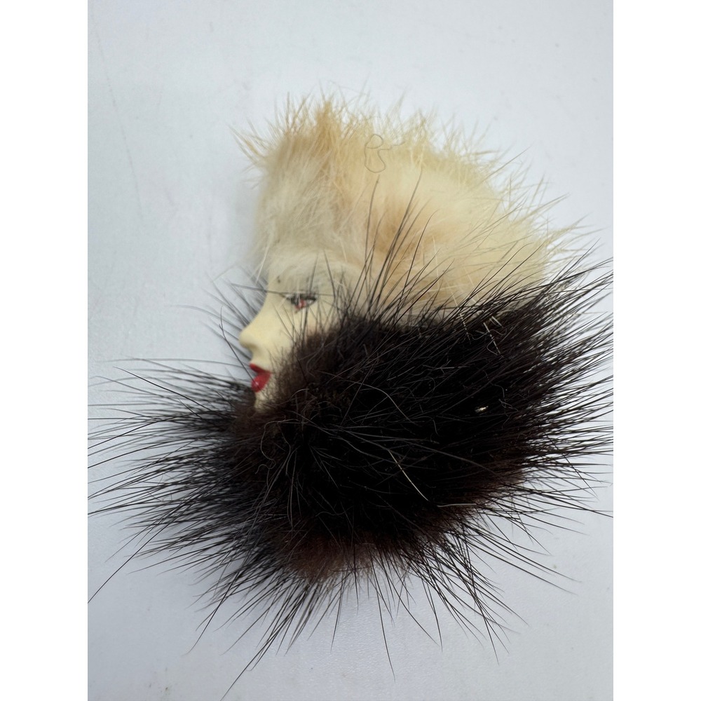 Vintage Mid Century Lady Head Brooch Real Mink Fur Trim Hand Painted Pin 50s